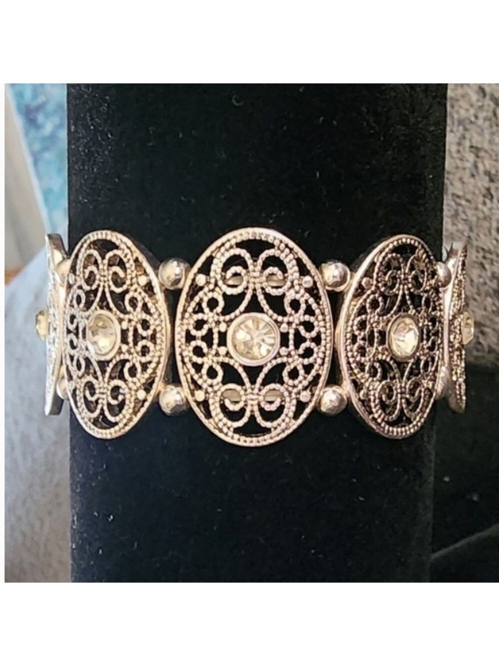 Silvertone Filigree Rhinestone Stretch Bracelet